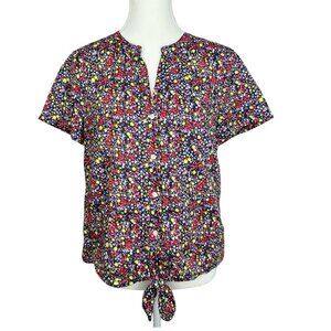 J.Crew Women's Red Floral V-Neck Short Sleeve Tie Waist Button Down Top S/C39